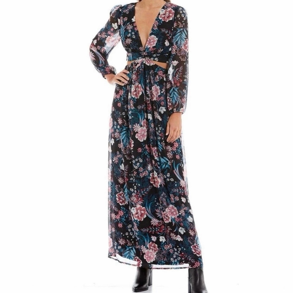 Floral Print Black and Pink Side Cutout Long Sleeve Multicolor Maxi Dress